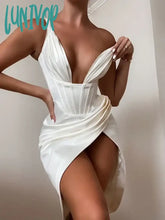 Lunivop Deep V Neck Spaghetti Strap Satin White Dress Sexy Birthday Party Dresses Night Green